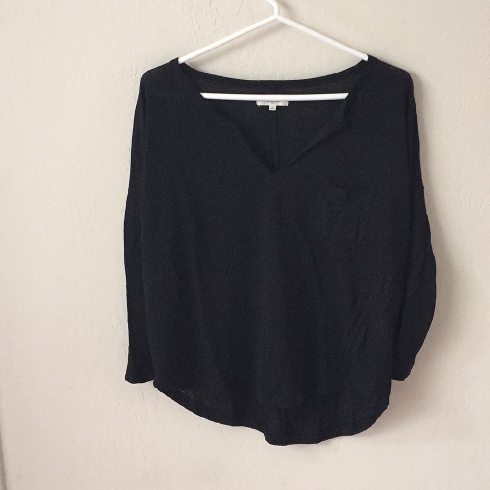 Madewell split neck black linen long sleeve t